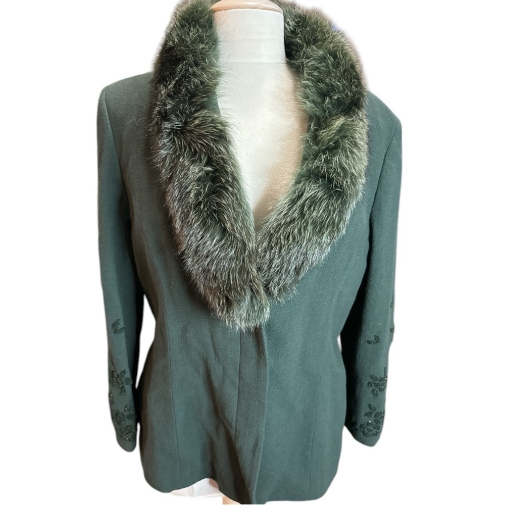 Albert Nipon Wool Fur Collar Embroidered Jacket/Coat